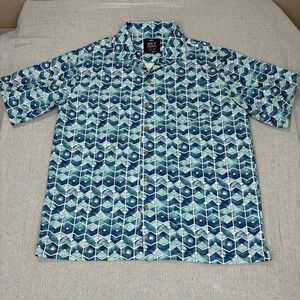 SPICY TUNA Mens LARGE Teal White Geometric Lightweight Button Up Hawaiian Shirt